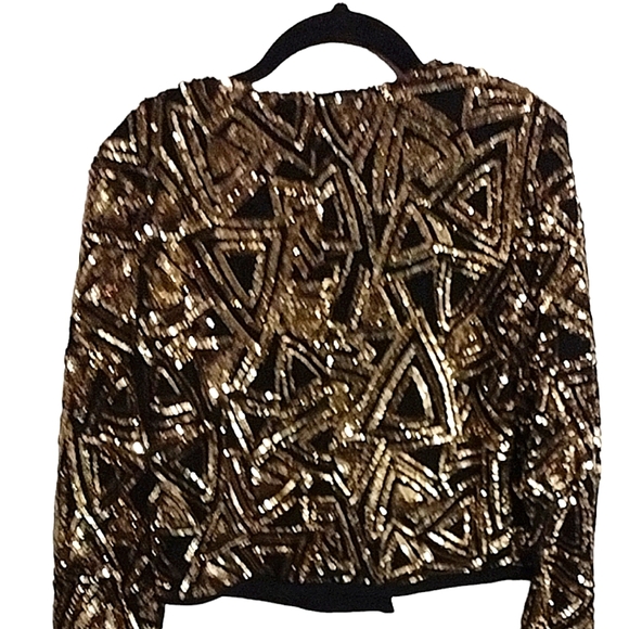 Women's Size Medium Cropped Black and Gold Sequins Formal Jacket - Picture 3 of 4
